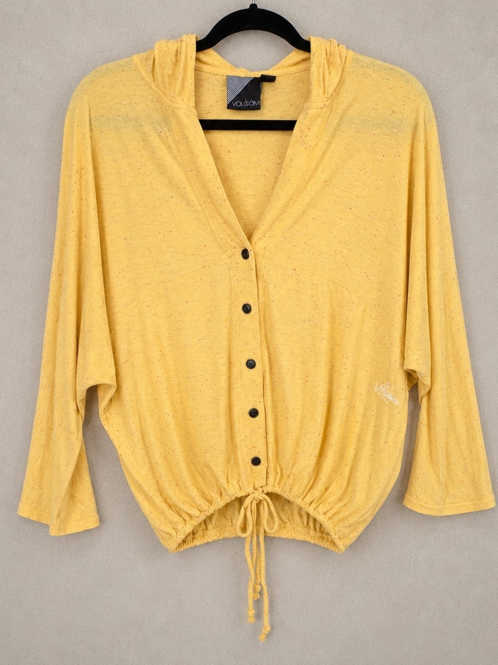 Volcom Yellow Speckled Hooded Tie Hem Button Blouse Women's Medium